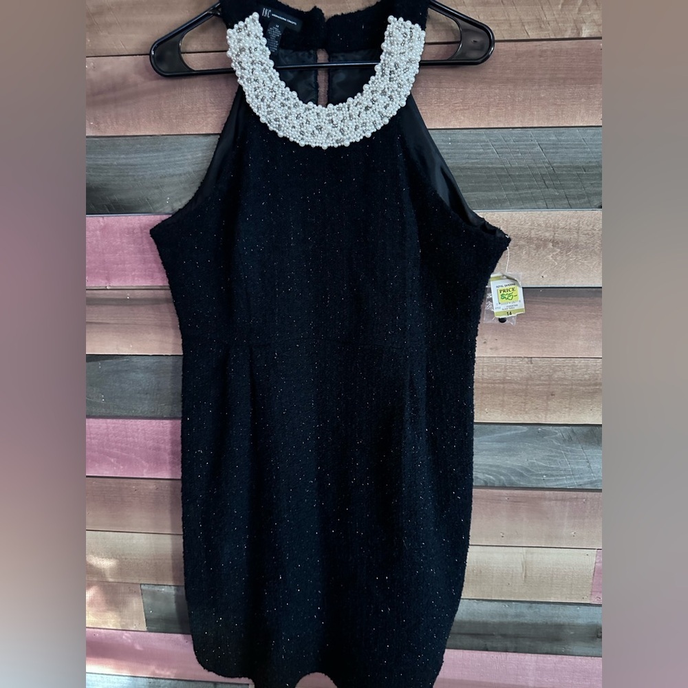 Inc Royal Gardens Dress Black Wool Blend Boucle Faux Pearl Collar Halter Dress - Picture 2 of 9